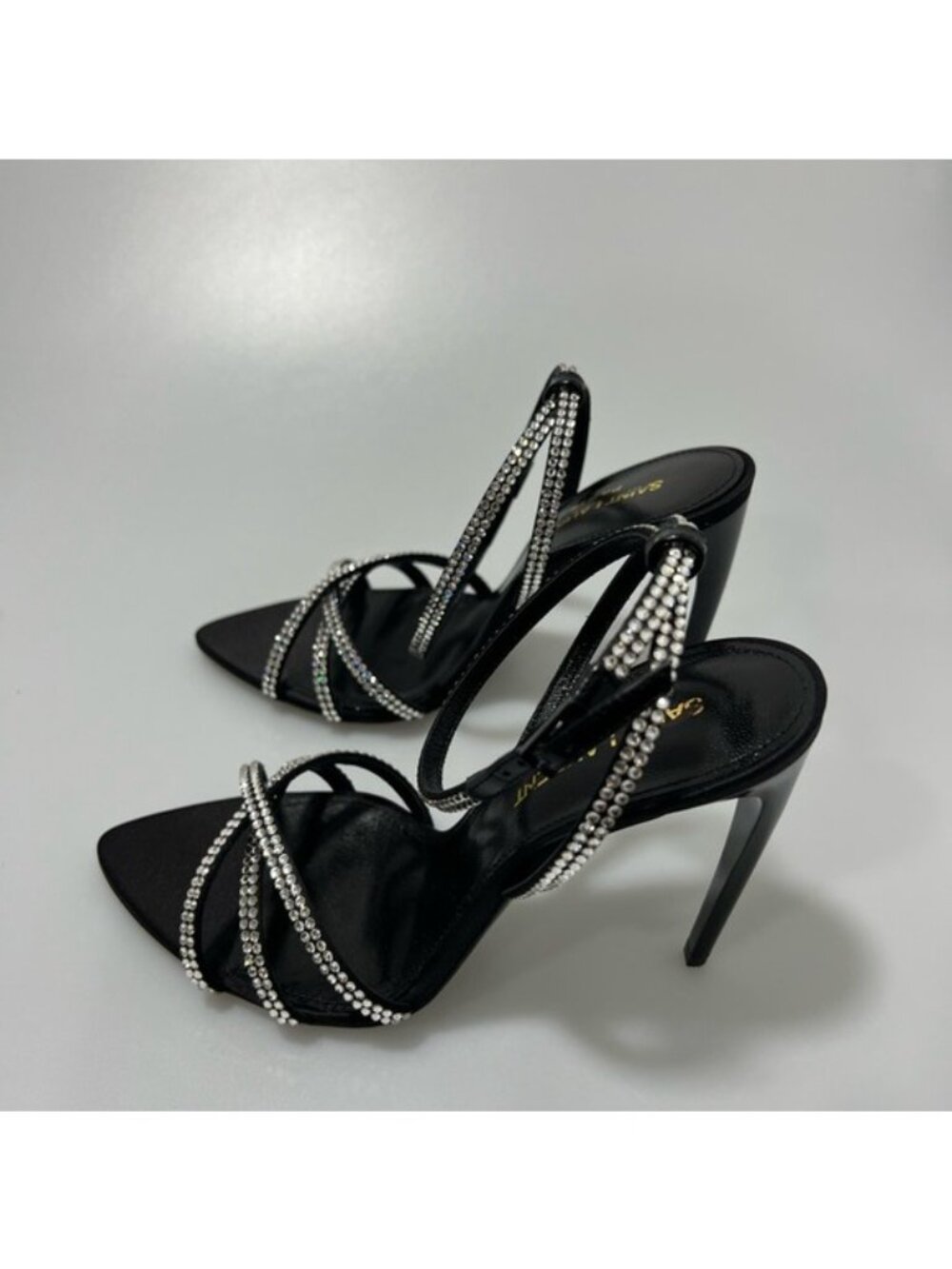 Saint Laurent Ava Sandals Crepe Satin with Rhinestones Black Silver EU 36/US 6 - Picture 3 of 9